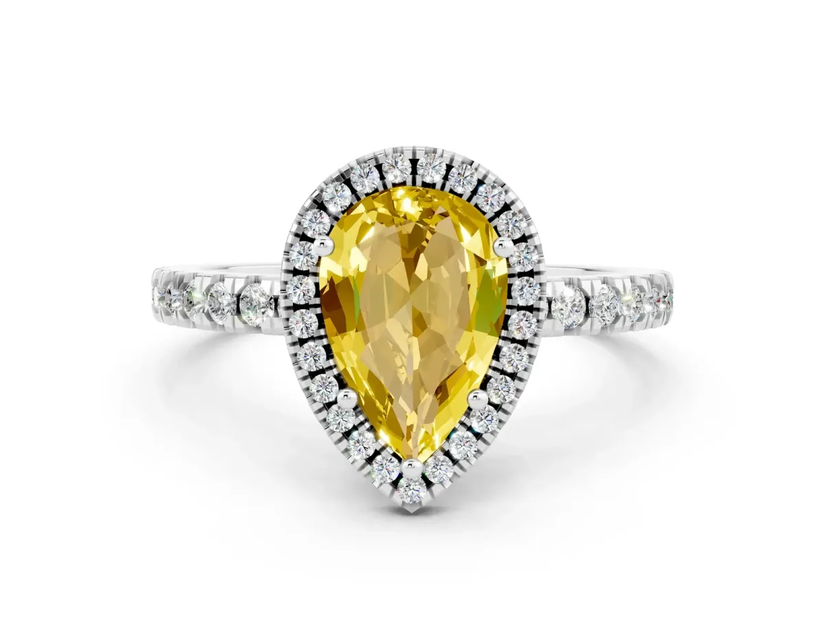 Pear Cut Yellow Sapphire Classic Halo Engagement Ring with Round Pavé Band and Prong Setting Silver