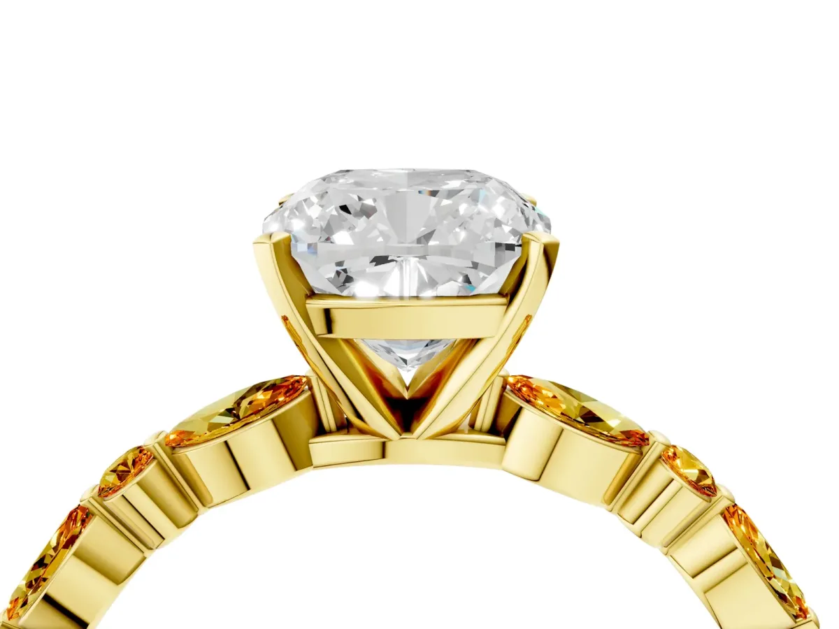 Cushion Cut Diamond Ring with Marquise and Round Citrine Side Stones and Four-Prong Setting Yellow gold