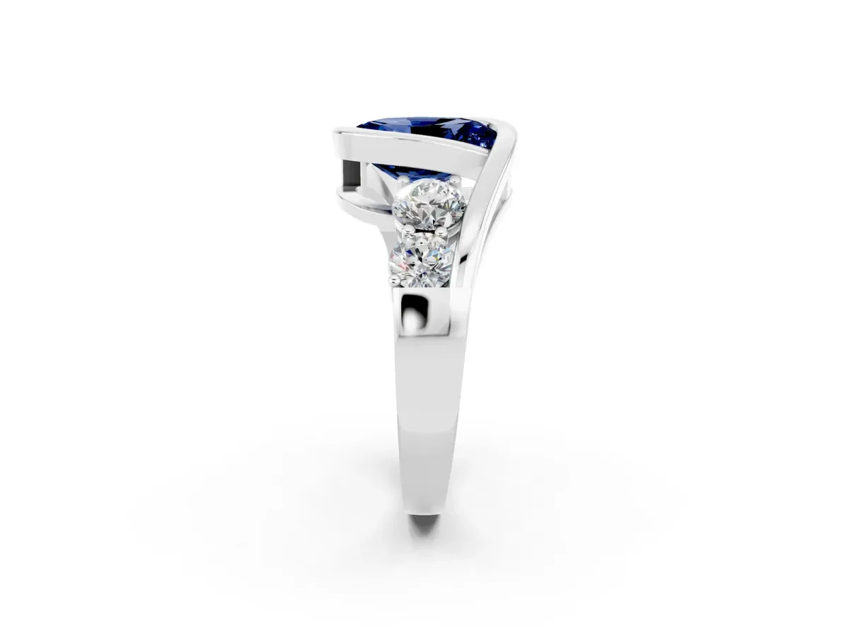 Bezel Set Oval Cut Blue Sapphire Bypass Ring with Round Accents Silver