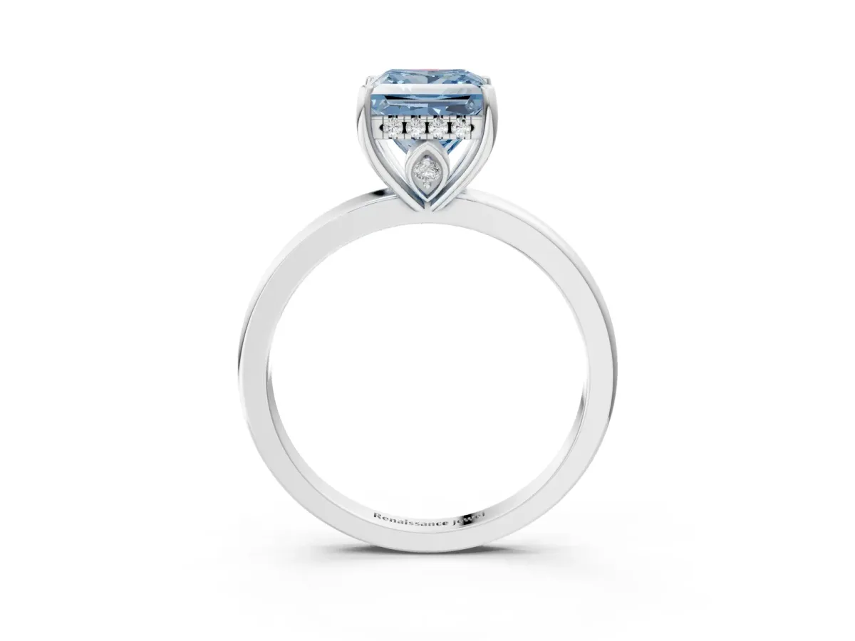 Fancy Blue Princess Cut Solitaire Diamond Ring with Prong Setting and Plain Band Silver
