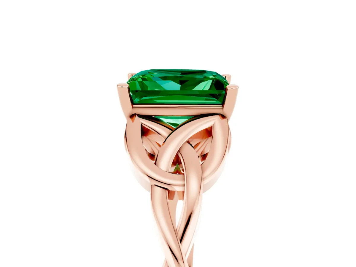 Princess Cut Emerald Solitaire Celtic Knot Ring with Four-Prong Setting Rose gold