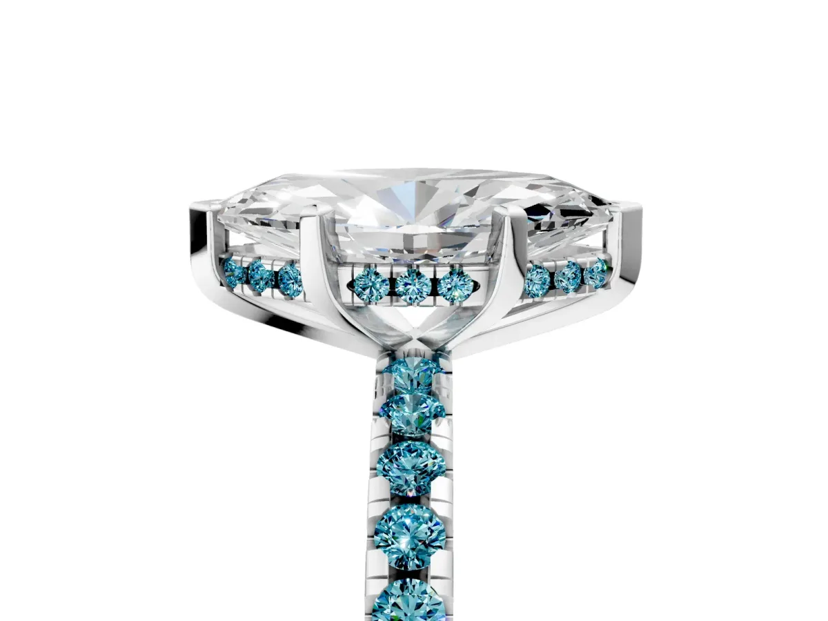 Marquise Cut Diamond Solitaire Ring with Round Blue Topaz Pavé Band and Four-Prong Setting White gold