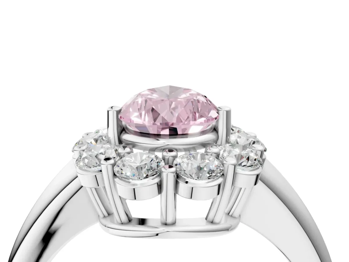 Fancy Pink Pear Cut Halo Cluster Diamond Engagement Ring with Prong Setting and Polished Band White gold