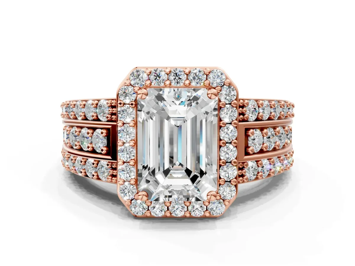 Emerald Cut Halo Diamond Ring with Round Split Shank and Prong Setting Rose gold