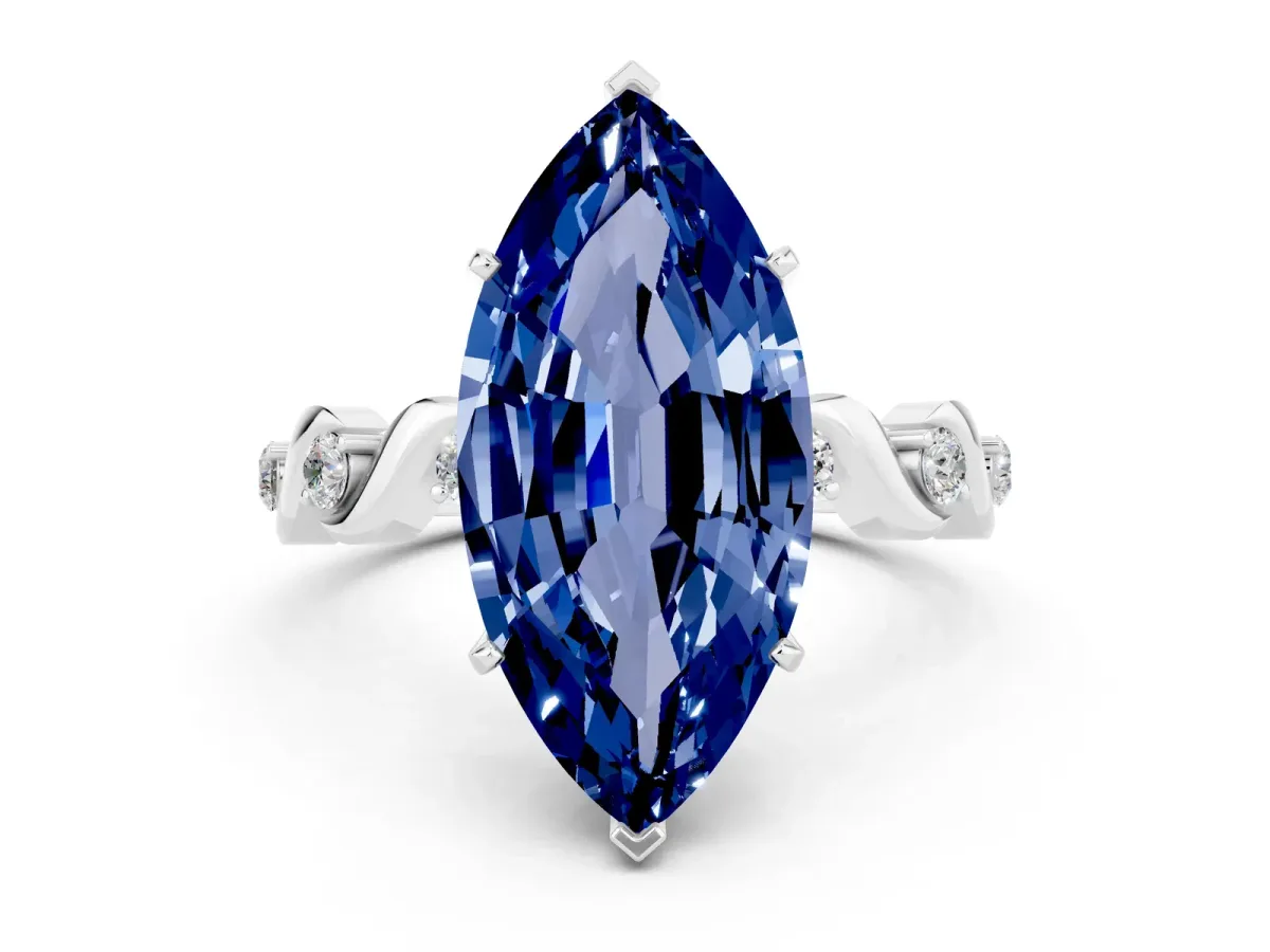 Marquise Cut Blue Sapphire Solitaire Twisted Band with Round Accents and Prong Setting White gold