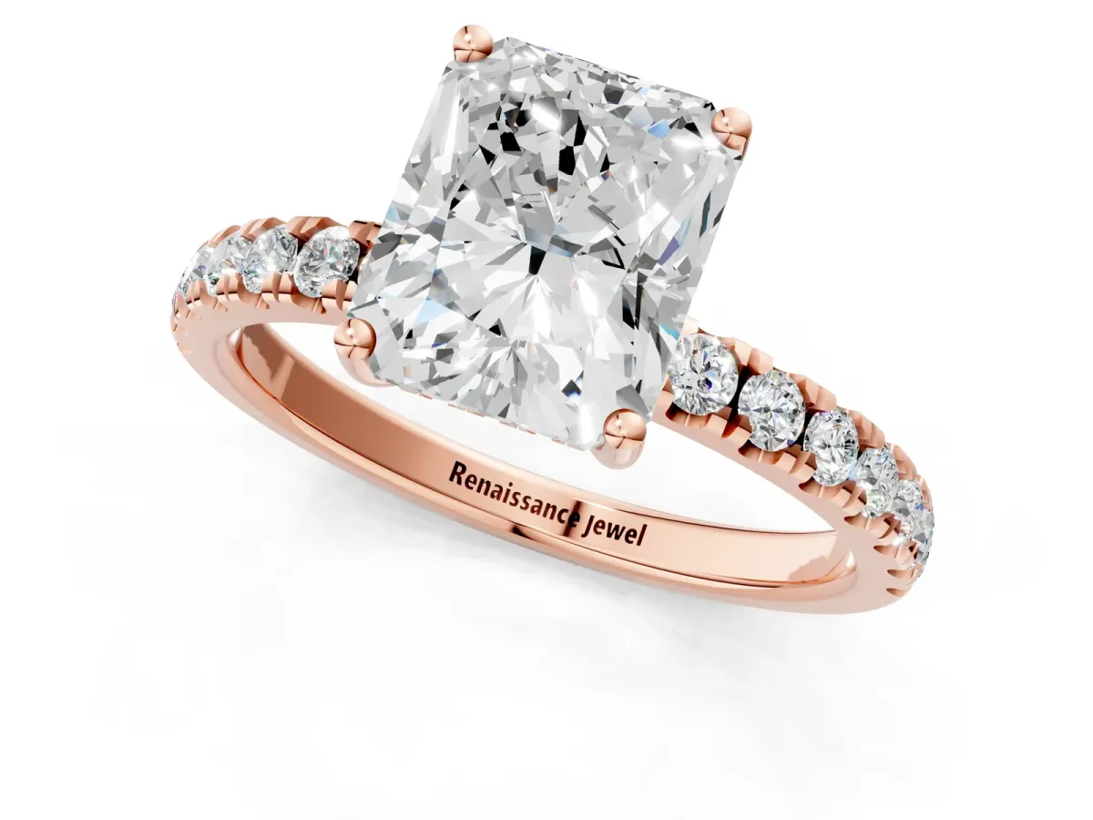 Radiant Cut Diamond Pave Band Solitaire Ring with Round Moissanite and Prong Setting Rose gold