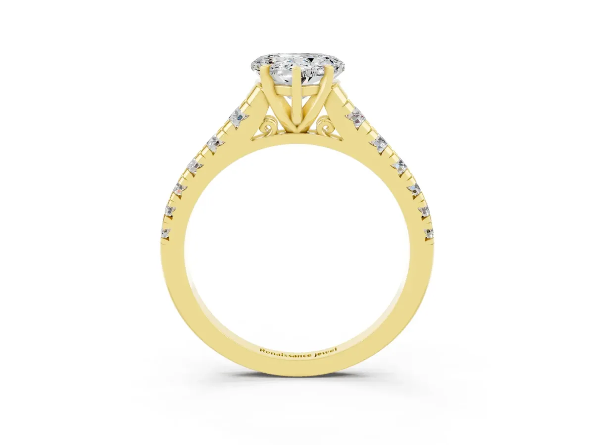 Heart Cut Moissanite Cathedral Solitaire Ring with Round Pavé Band Yellow gold
