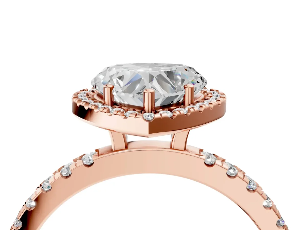 Heart Cut Diamond Classic Halo Engagement Ring with Round Pavé Band and Prong Setting Rose gold