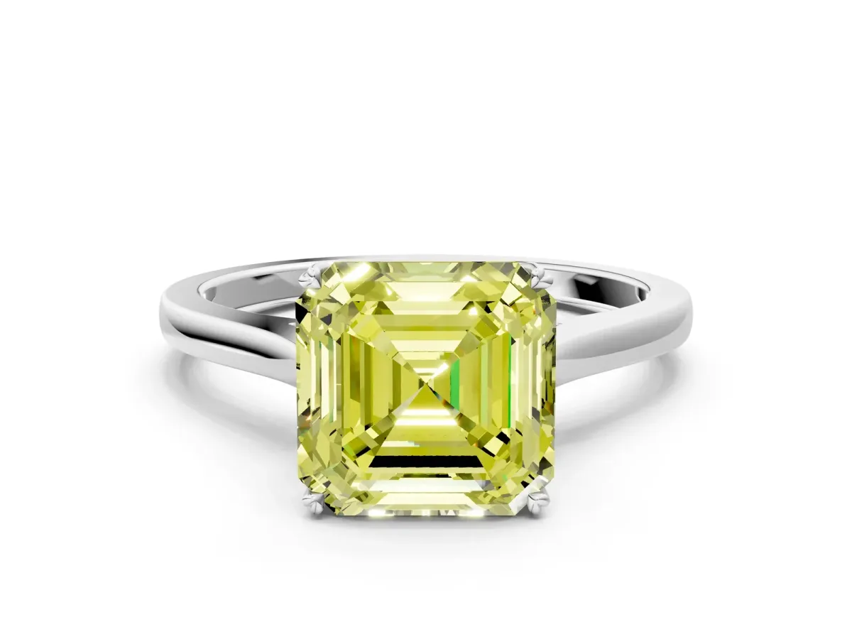 Fancy Yellow Asscher Cut Solitaire Heart Prong Engagement Ring with Tapered Band Platinum