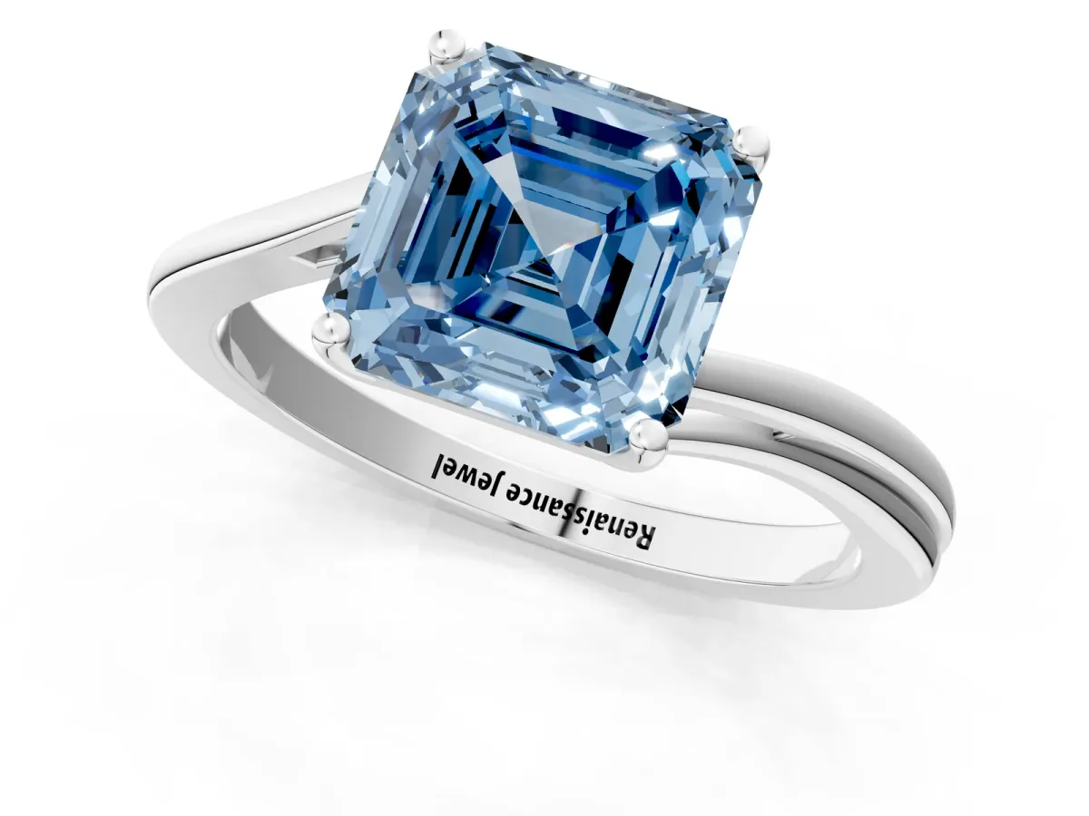Fancy Blue Asscher Cut Cut Solitaire Twist Band Ring with Four-Prong Setting White gold