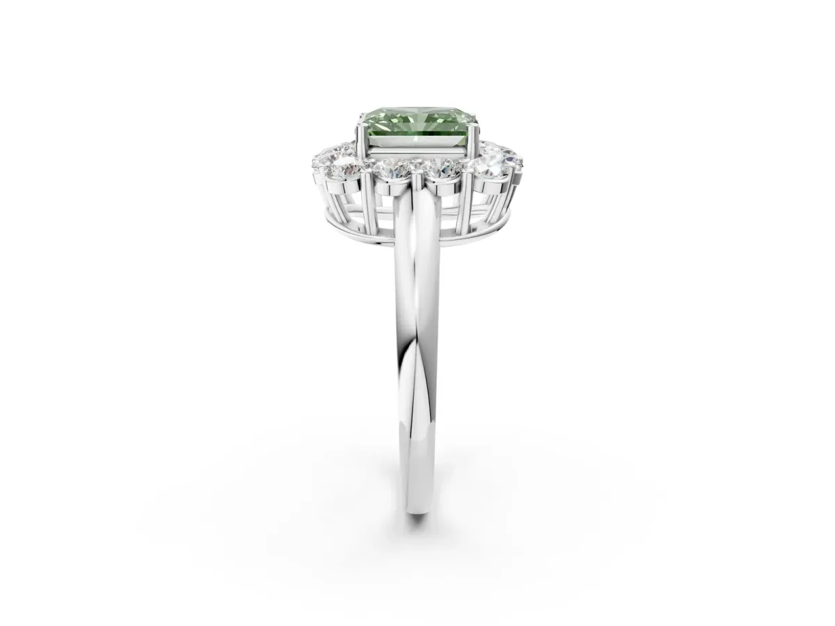 Fancy Green Radiant Cut Halo Cluster Diamond Engagement Ring with Prong Setting and Polished Band Platinum