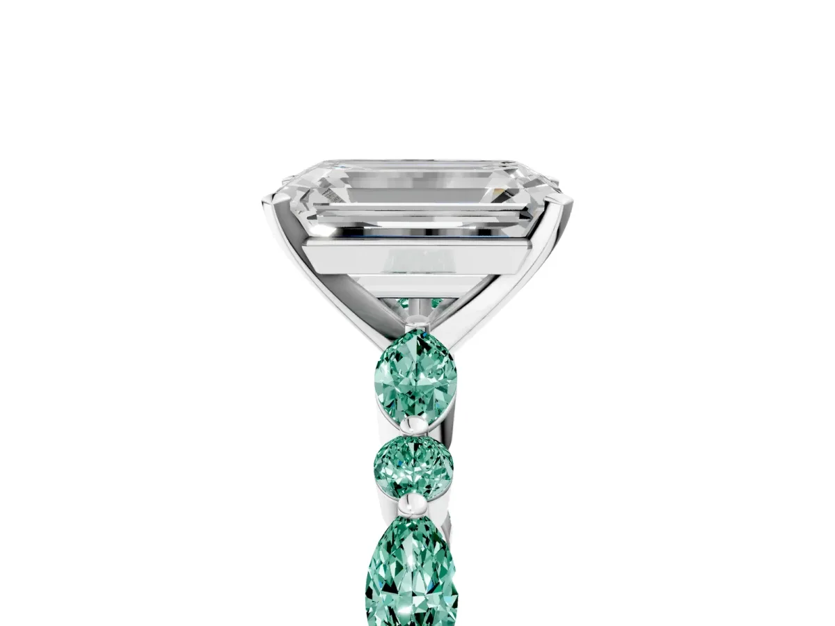 Emerald Cut Diamond Ring with Marquise and Round Green Sapphire Side Stones and Four-Prong Setting White gold