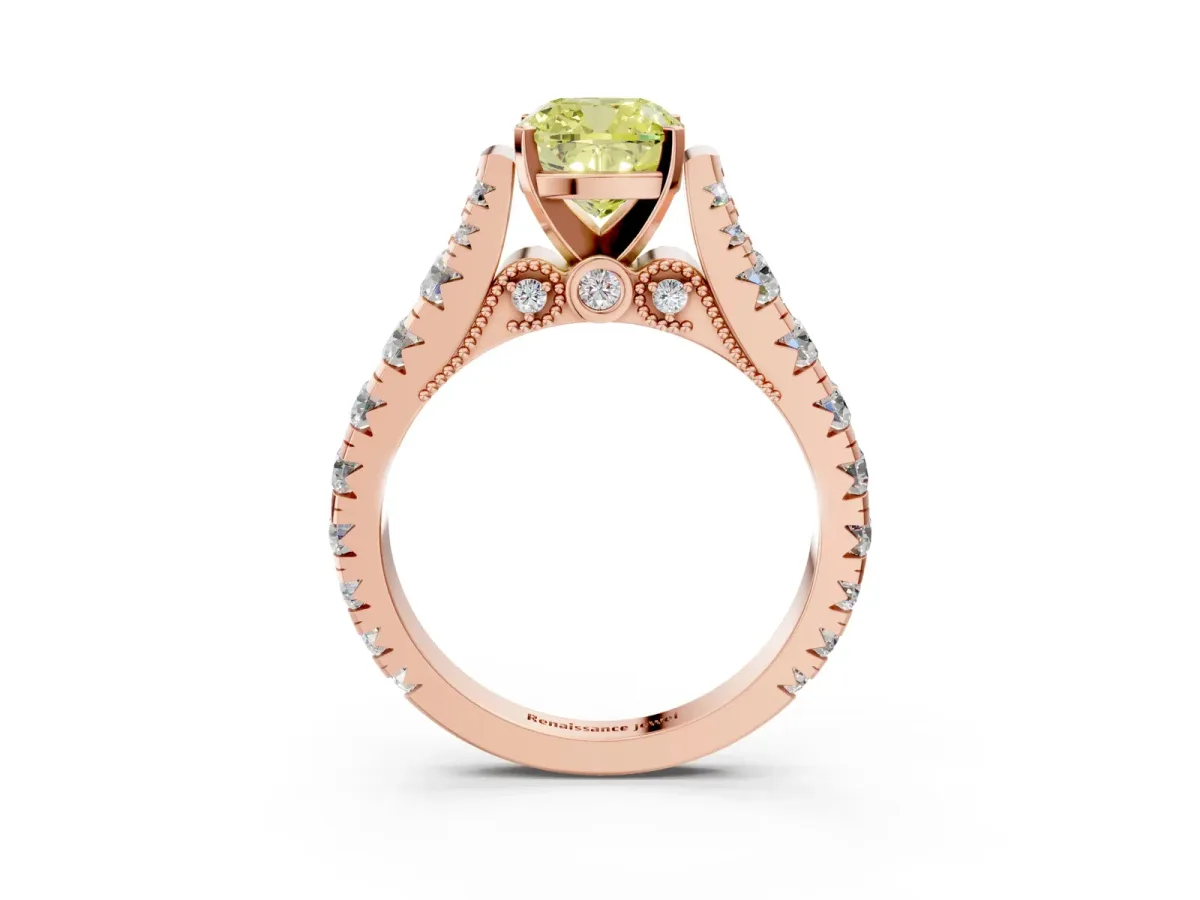 Fancy Yellow Cushion Cut Diamond Classic Solitaire Ring with Pavé Band and Four-Prong Setting Rose gold