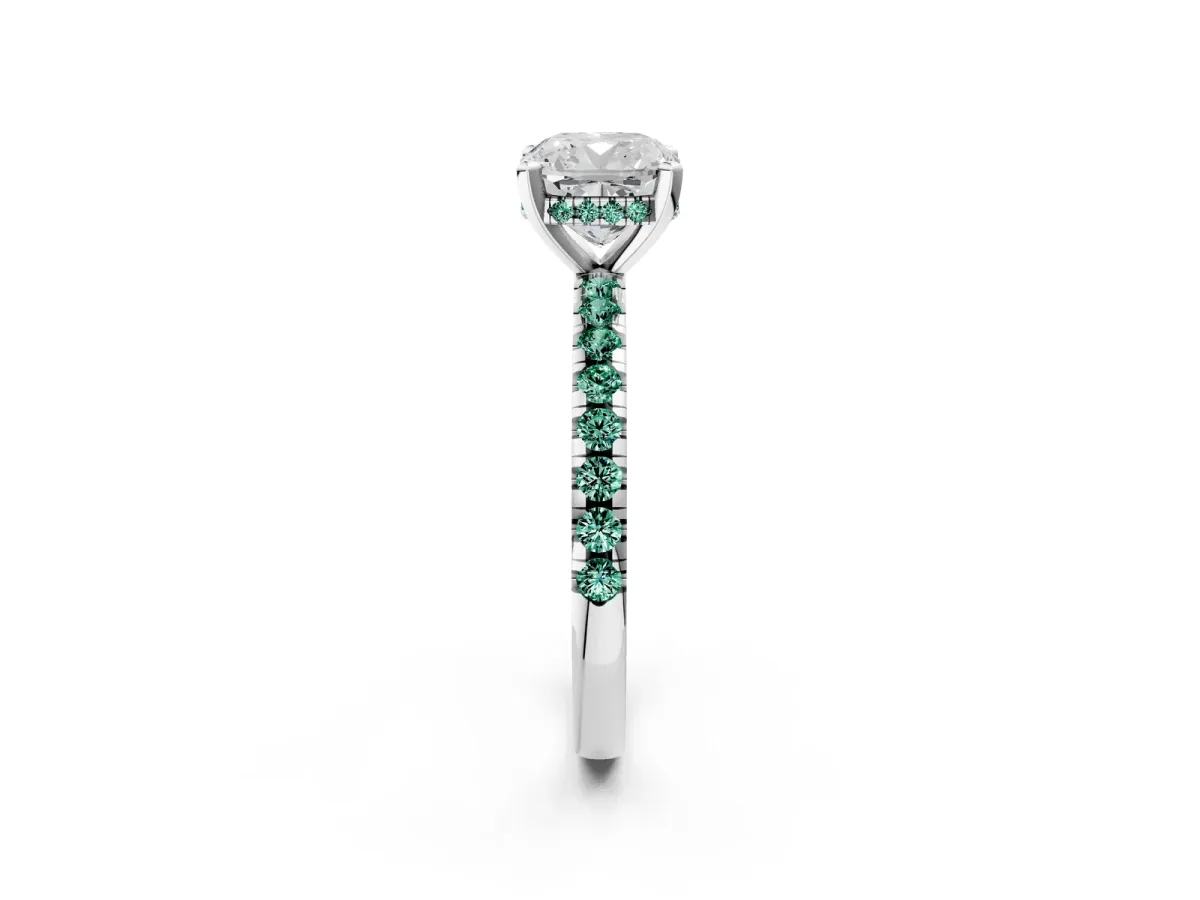 Cushion Cut Diamond Solitaire Ring with Round Green Sapphire Pavé Band and Four-Prong Setting Platinum