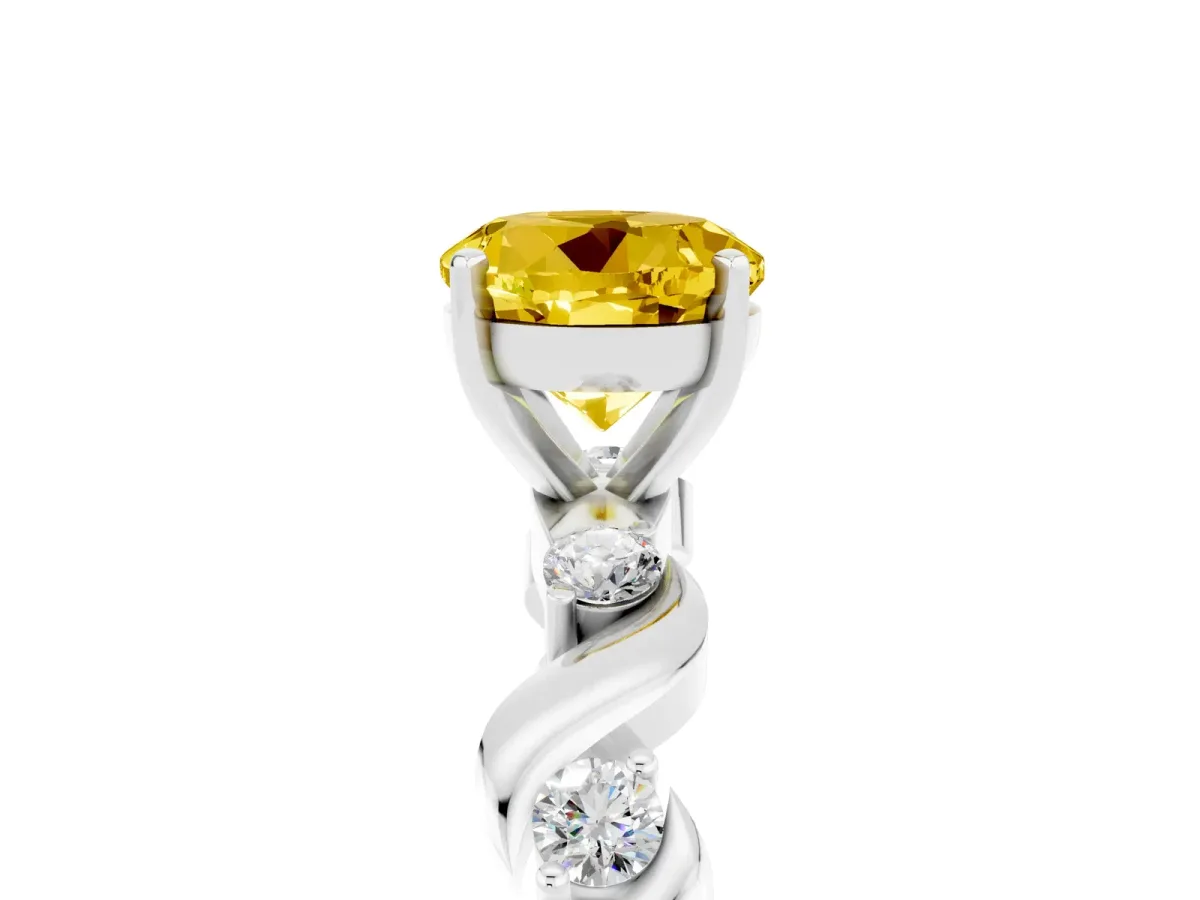 Round Cut Yellow Sapphire Solitaire Twisted Band with Round Accents and Prong Setting White gold