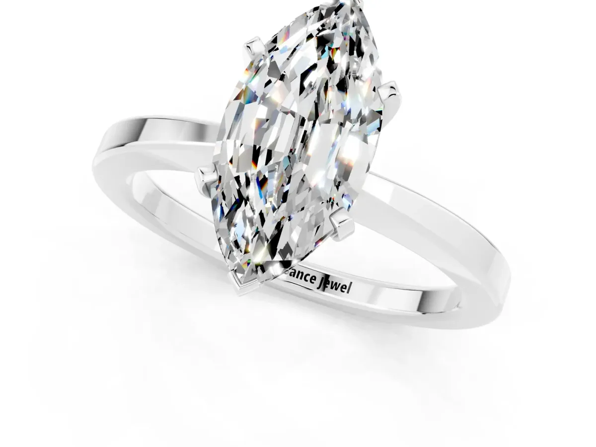 Marquise Cut Moissanite Solitaire Engagement Ring with Classic Band and Four-Prong Setting White gold