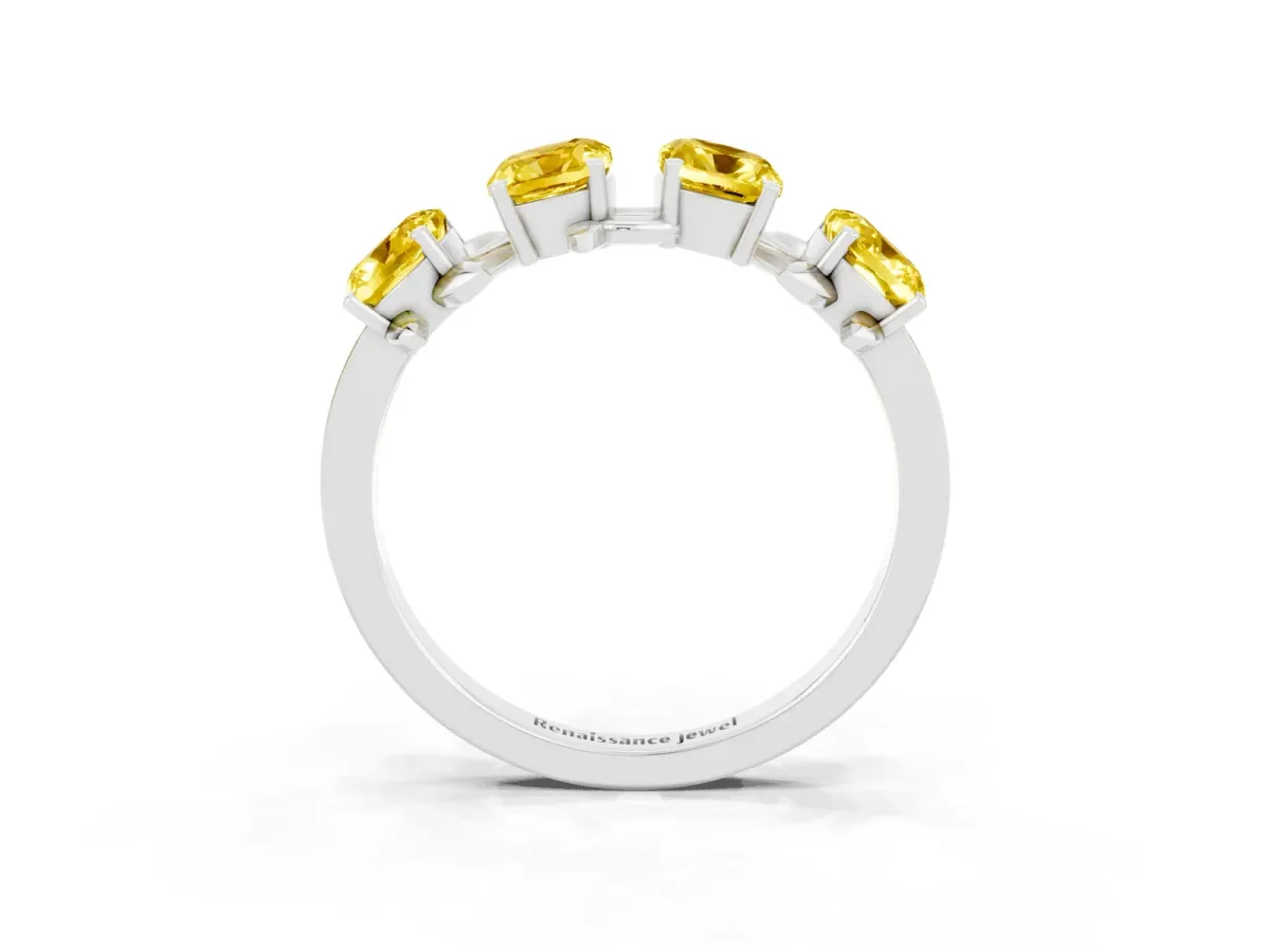 Four-Stone Elongated Cushion Yellow Sapphire Band with Nature-Inspired Prong Setting White gold