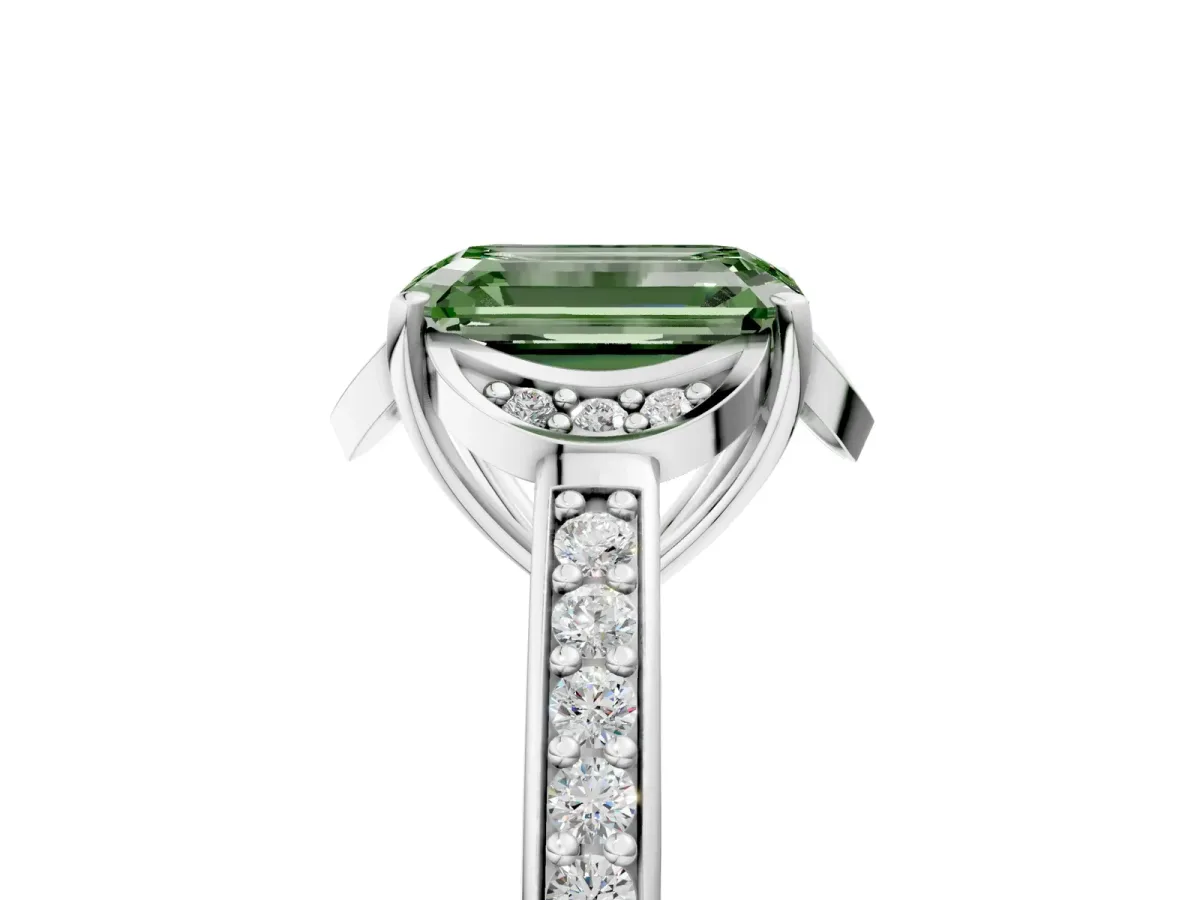 Fancy Green Emerald Cut Cut Halo Diamond Ring with Channel Set Band and Four-Prong Setting White gold