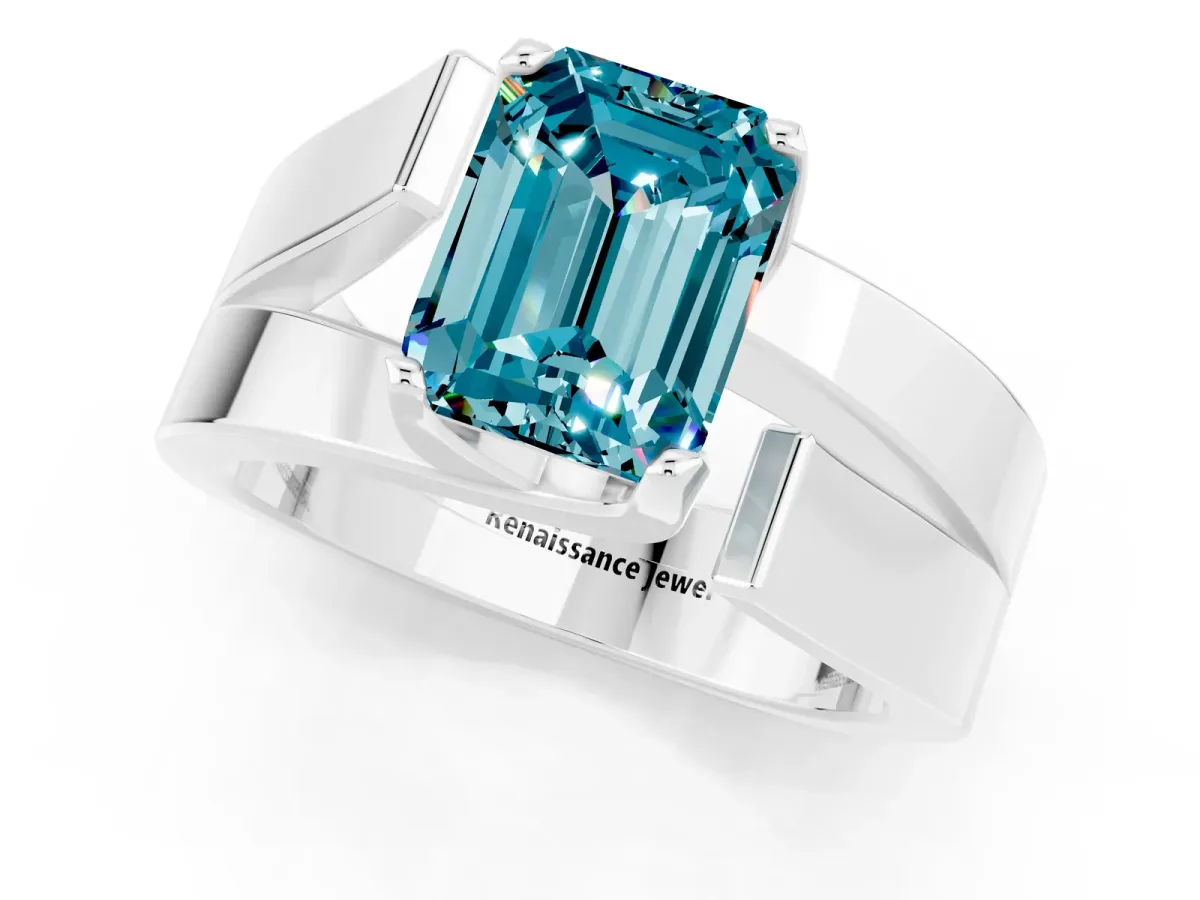 Modern Tension Set Emerald Cut Blue Topaz Solitaire Wide Band Ring Platinum