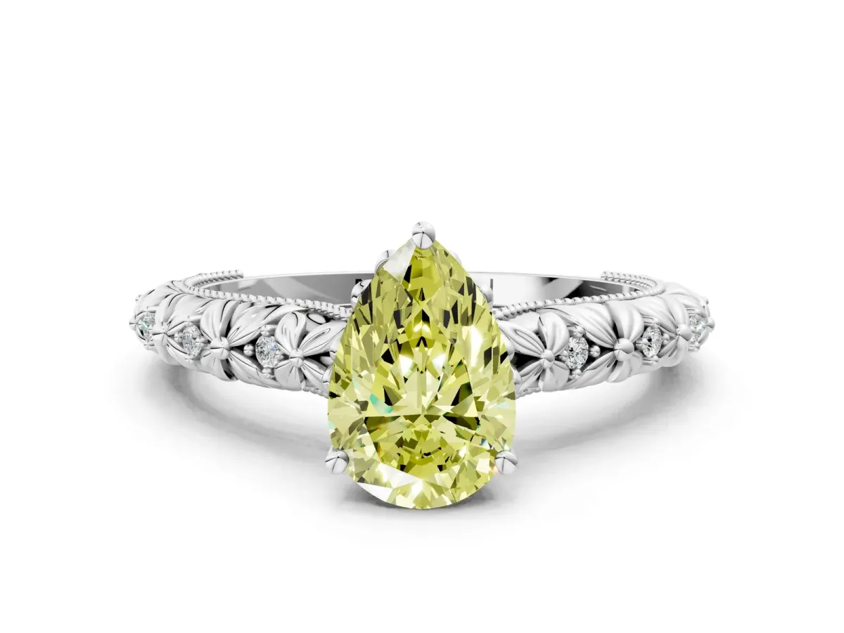 Fancy Yellow Pear Cut Solitaire Floral Milgrain Engagement Ring Platinum