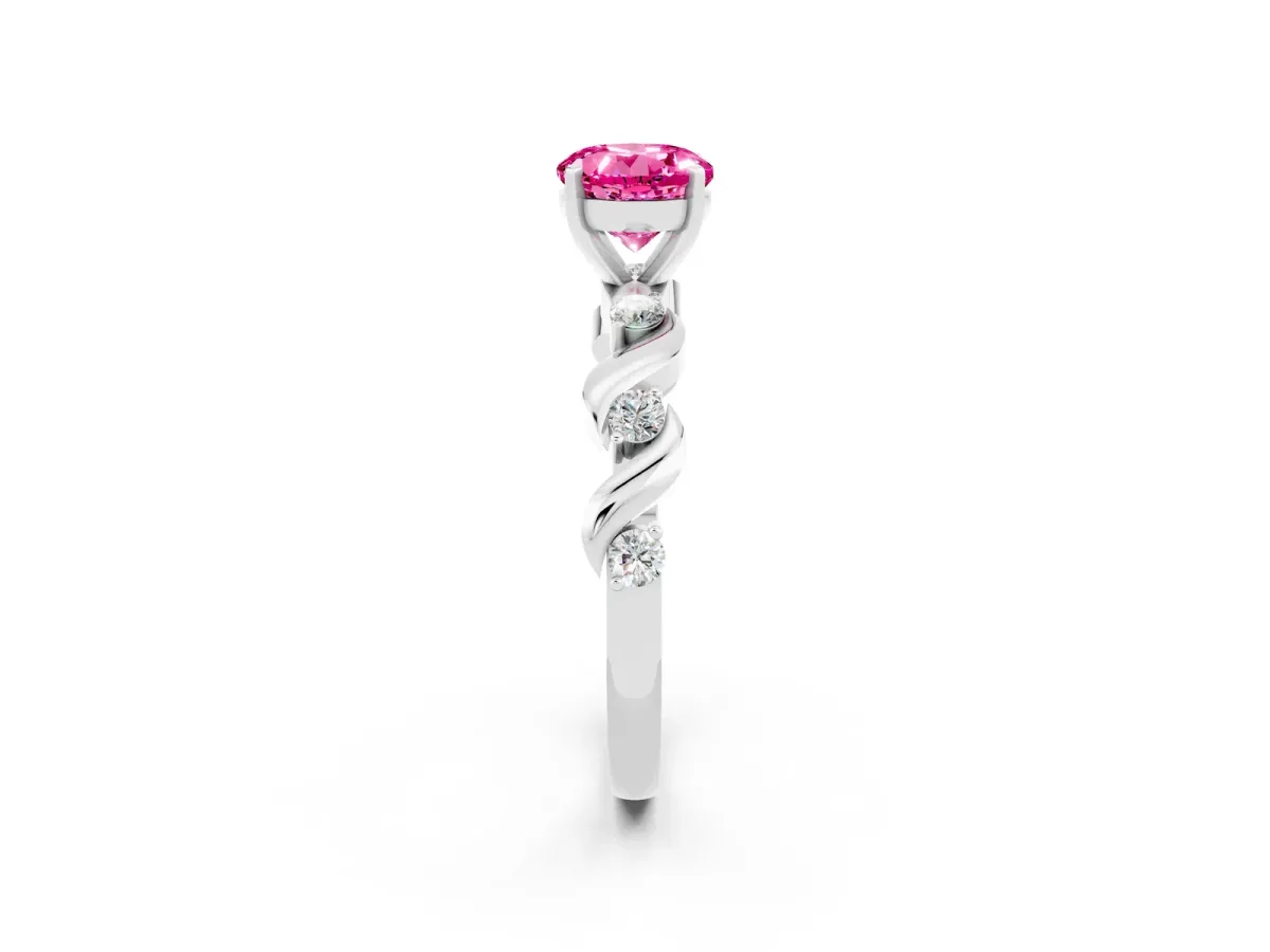 Round Cut Pink Sapphire Solitaire Twisted Band with Round Accents and Prong Setting White gold