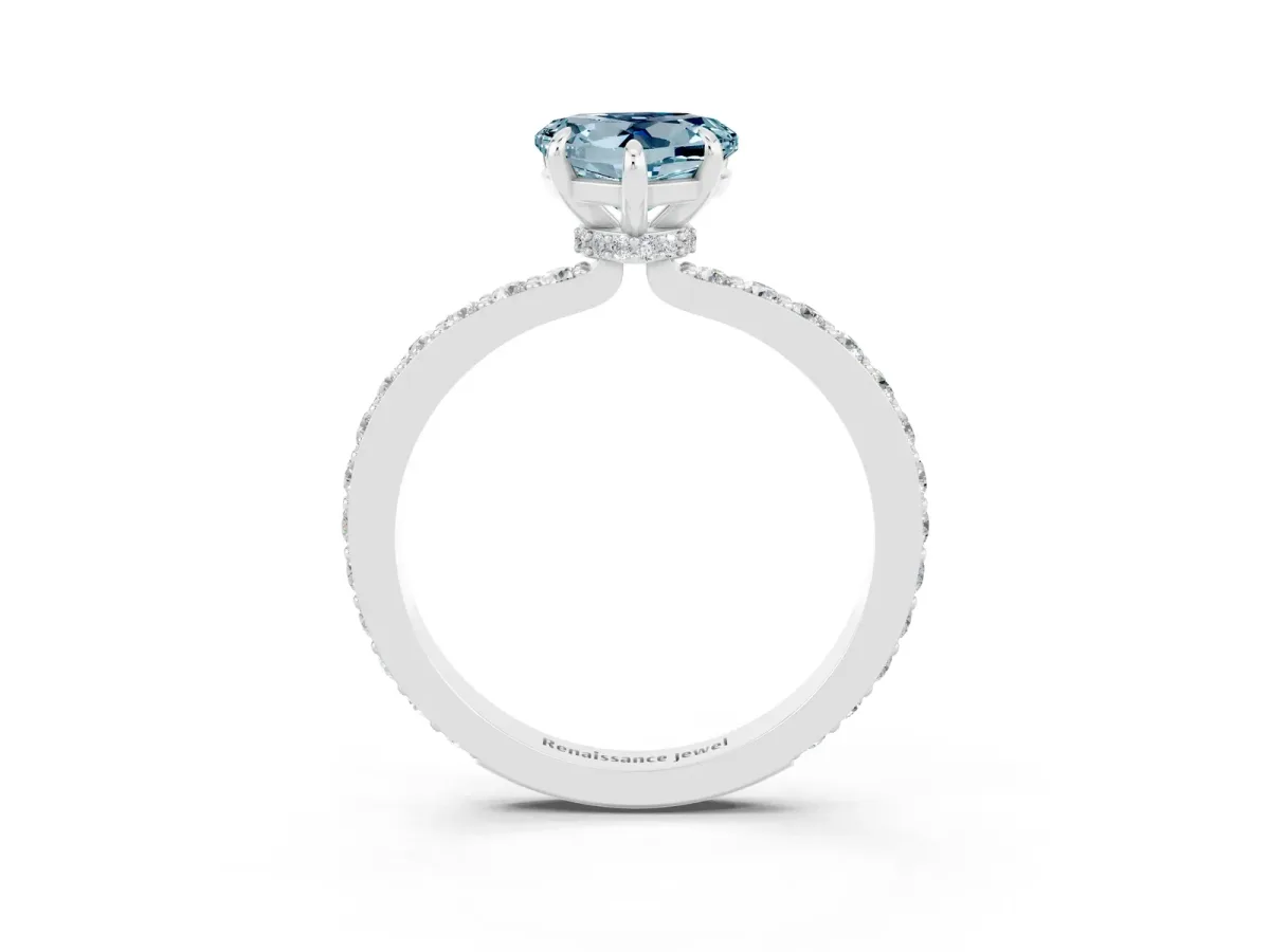Heart Cut Aquamarine Solitaire Engagement Ring with Pavé Band and Four-Prong Setting White gold