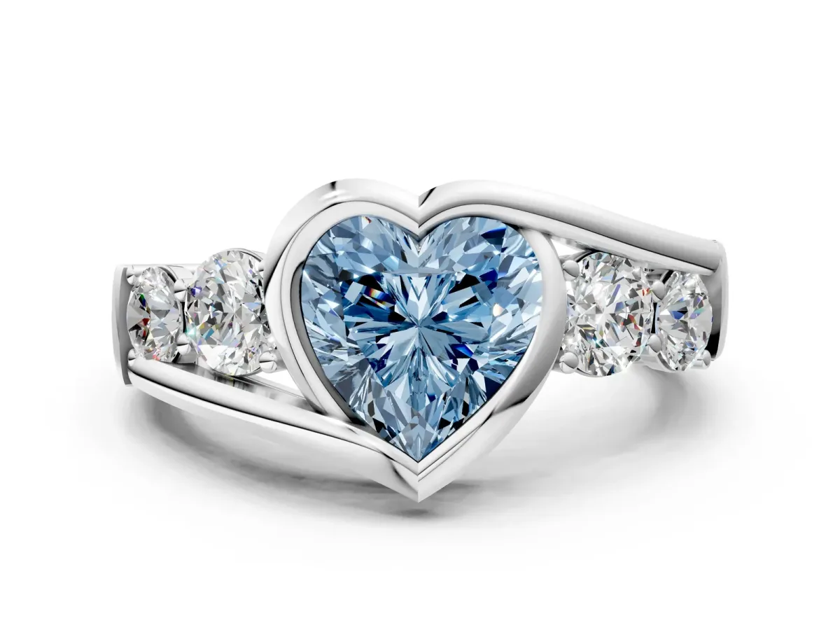 Fancy Blue Bezel Set Heart Cut Diamond Bypass Ring with Round Accents Silver
