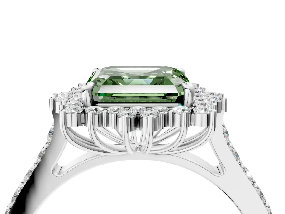 Fancy Green Asscher Cut Cut Diamond Sunburst Halo Engagement Ring with Pavé Band Platinum