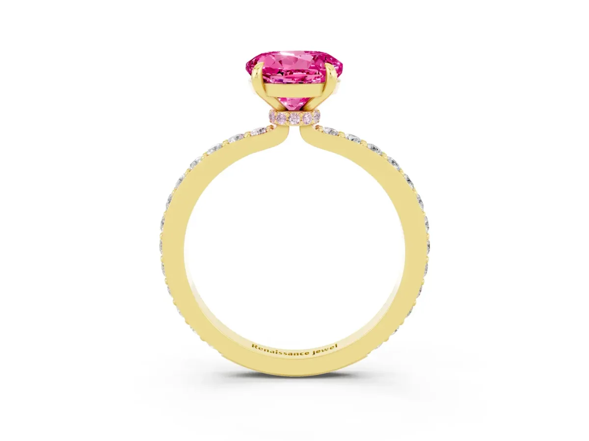 Round Cut Pink Sapphire Solitaire Engagement Ring with Pavé Band and Four-Prong Setting Yellow gold