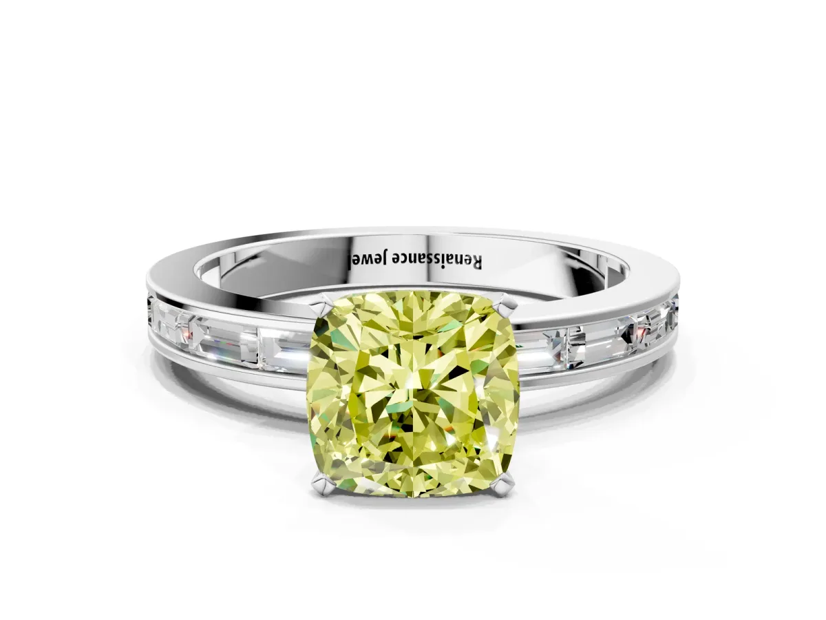 Fancy Yellow Cushion Cut Solitaire Diamond Ring with Channel-Set Baguette Band and Four-Prong Setting White gold