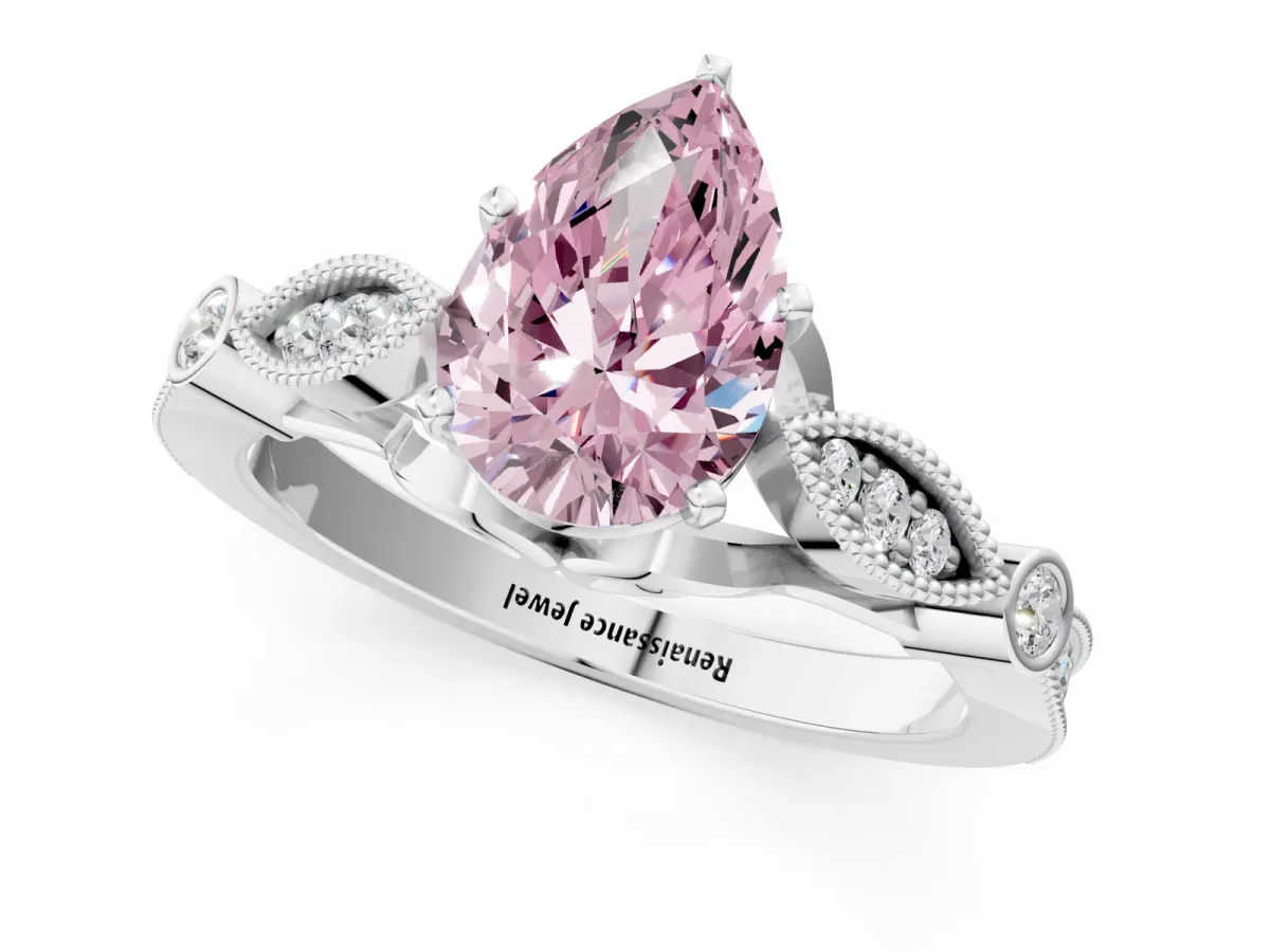 Fancy Pink Pear Cut Cut Diamond with Milgrain Marquise and Bezel Accents on a Solitaire Band with Prong Setting Silver