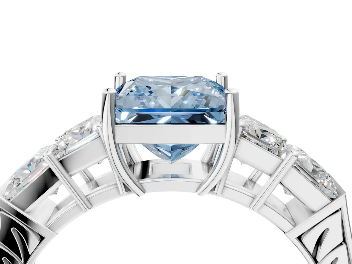 Fancy Blue Princess Cut Solitaire Princess Side Stone Engraved Band Prong Setting Ring Silver