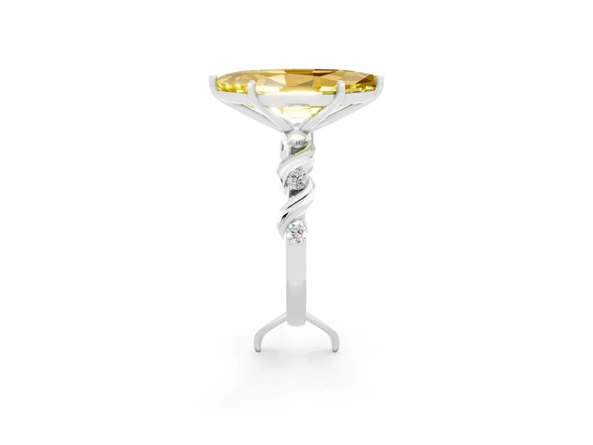 Marquise Cut Yellow Sapphire Solitaire Twisted Band with Round Accents and Prong Setting Platinum