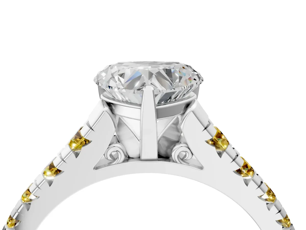 Heart Cut Diamond Cathedral Solitaire Ring with Round Yellow Sapphire Pavé Band White gold
