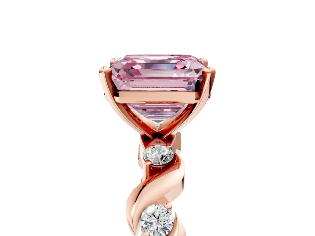 Fancy Pink Asscher Cut Diamond Solitaire Twisted Band with Round Accents and Prong Setting Rose gold