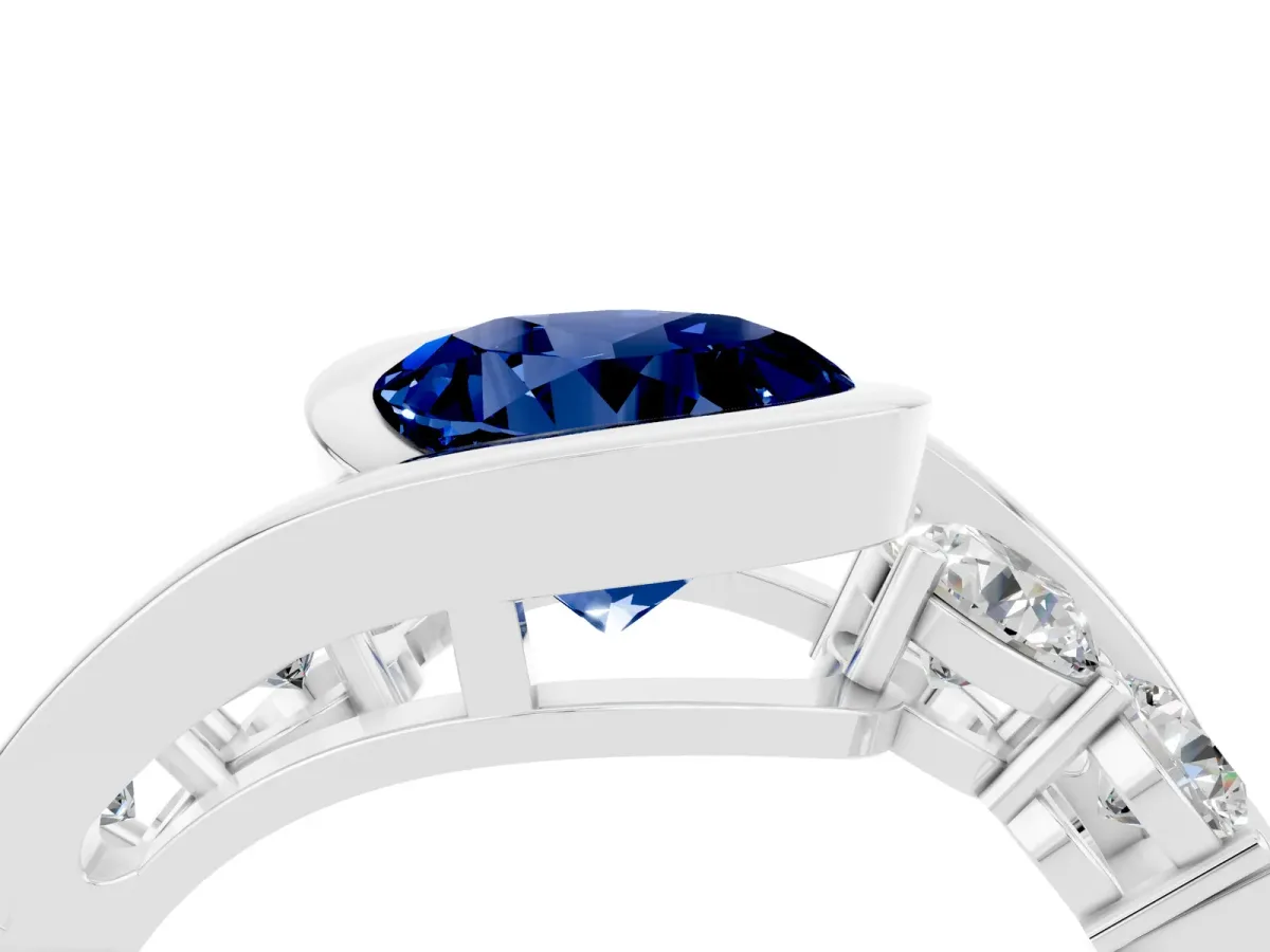 Bezel Set Round Cut Blue Sapphire Bypass Ring with Round Accents Silver