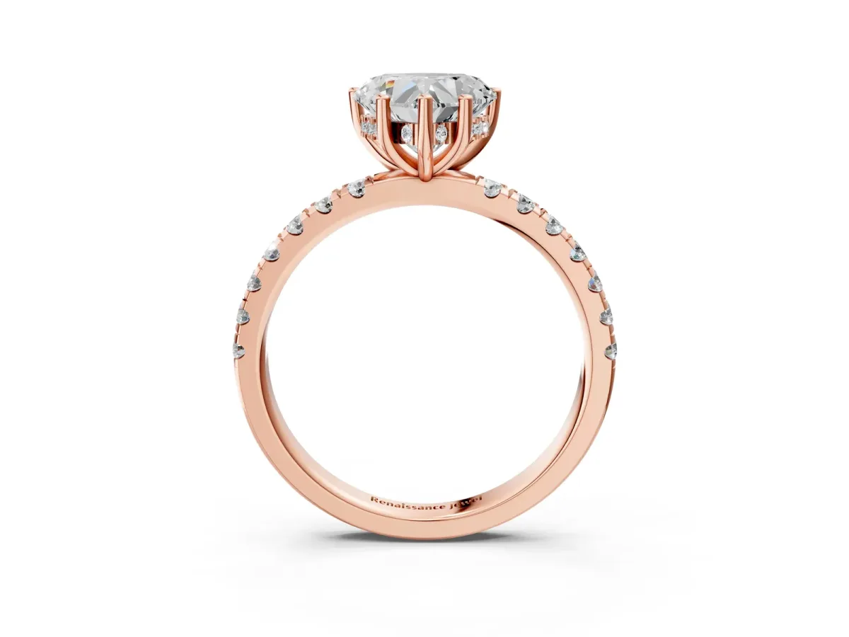 Heart Cut Diamond Pave Band Solitaire Ring with Round Moissanite and Prong Setting Rose gold