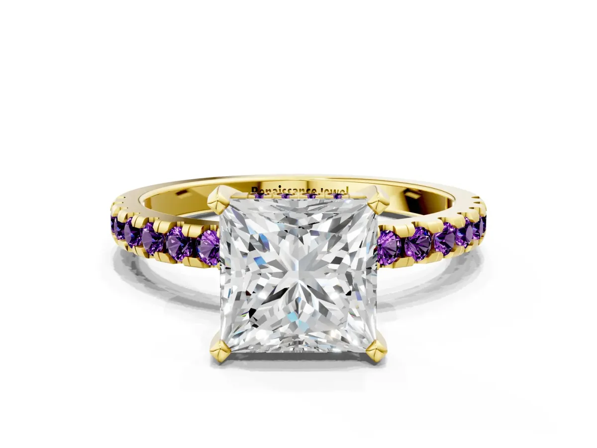 Princess Cut Diamond Solitaire Ring with Round Amethyst Pavé Band and Four-Prong Setting Yellow gold
