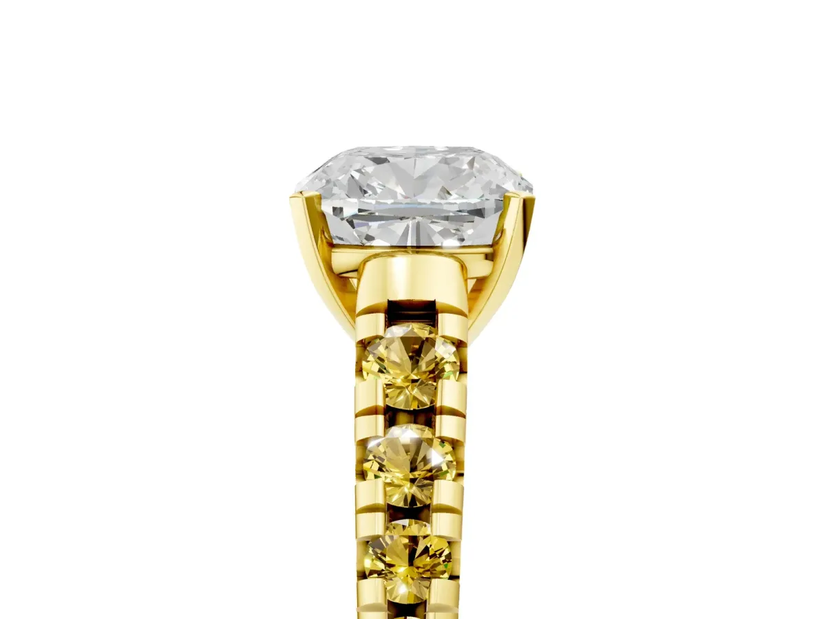 Cushion Cut Diamond Cathedral Solitaire Ring with Round Yellow Sapphire Pavé Band Yellow gold