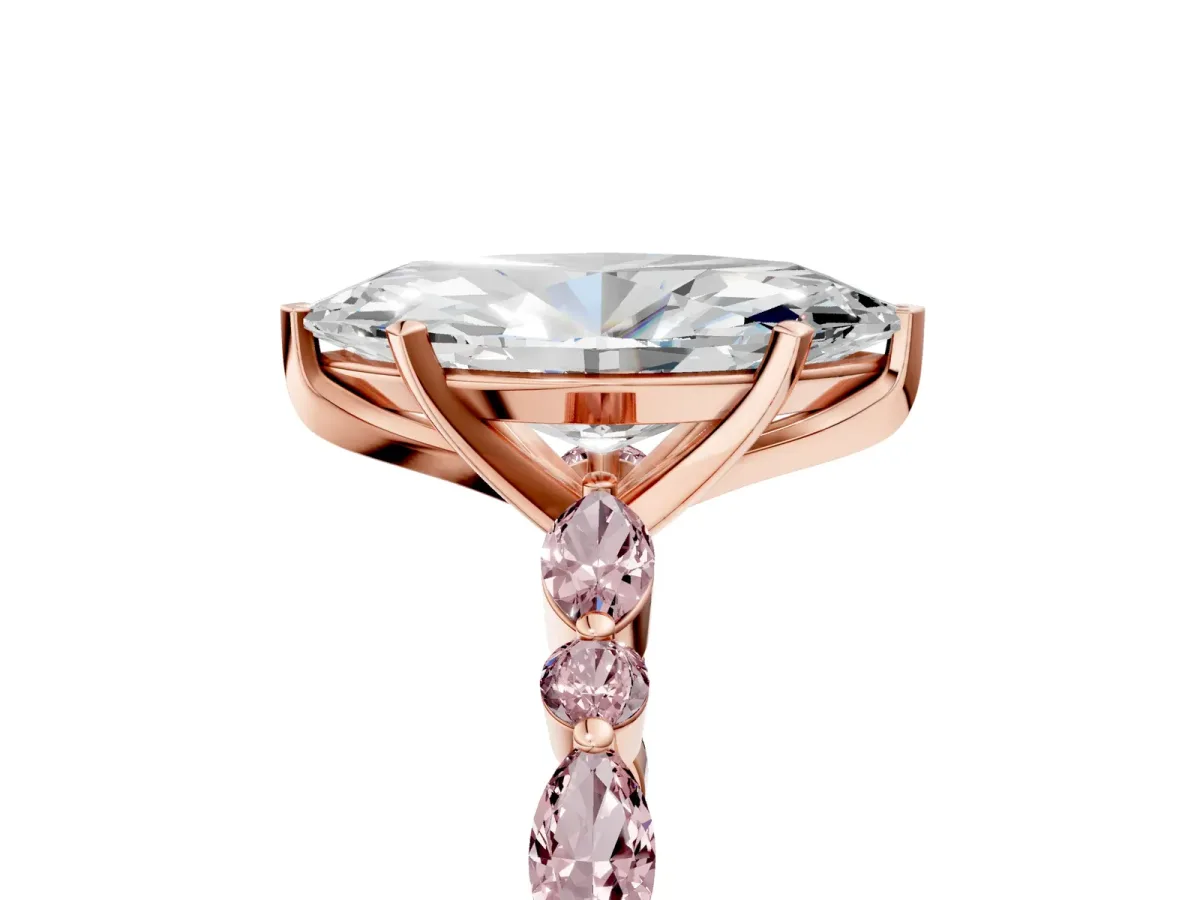 Marquise Cut Diamond Ring with Marquise and Round Morganite Side Stones and Four-Prong Setting Rose gold