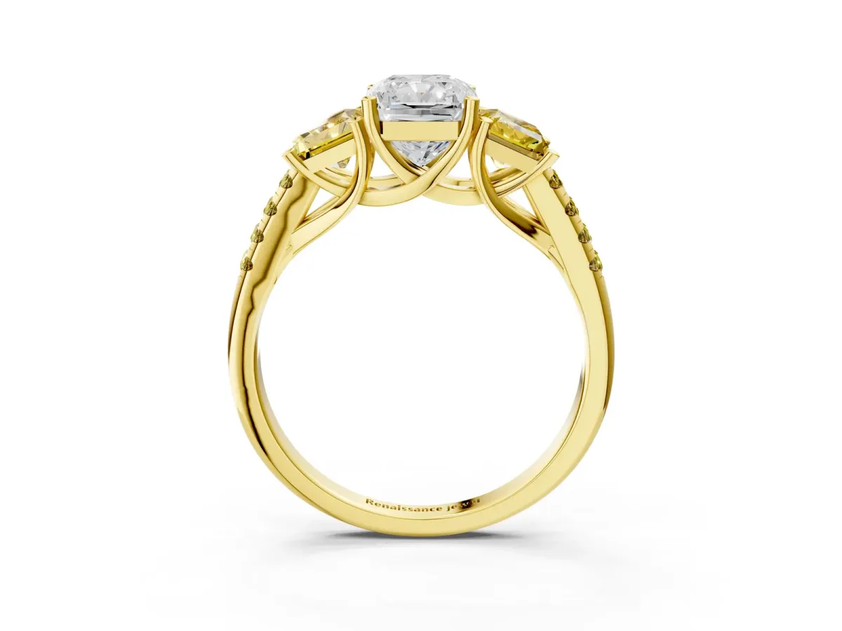 Three-Stone Radiant Cut Diamond Ring with Round Yellow Sapphire Pavé Band and Prong Setting Yellow gold