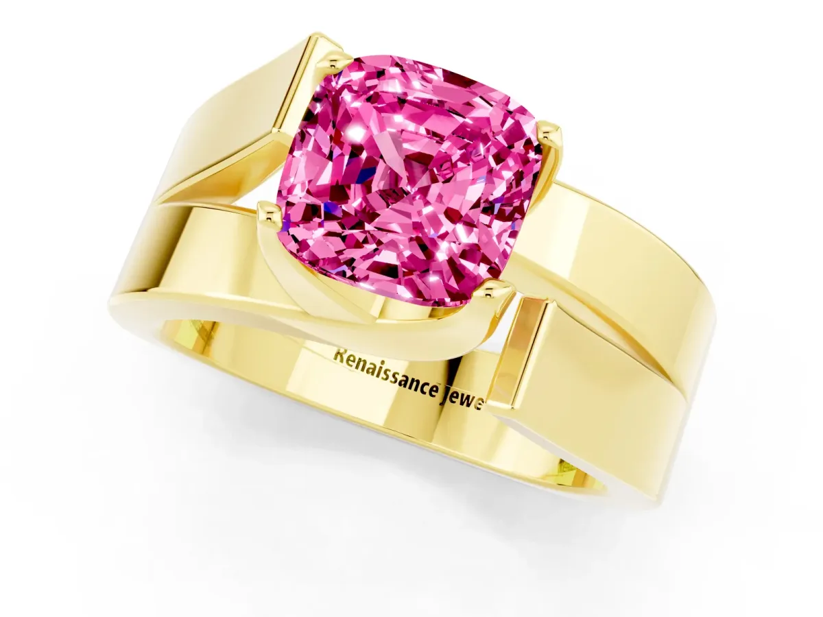 Modern Tension Set Cushion Cut Pink Sapphire Solitaire Wide Band Ring Yellow gold