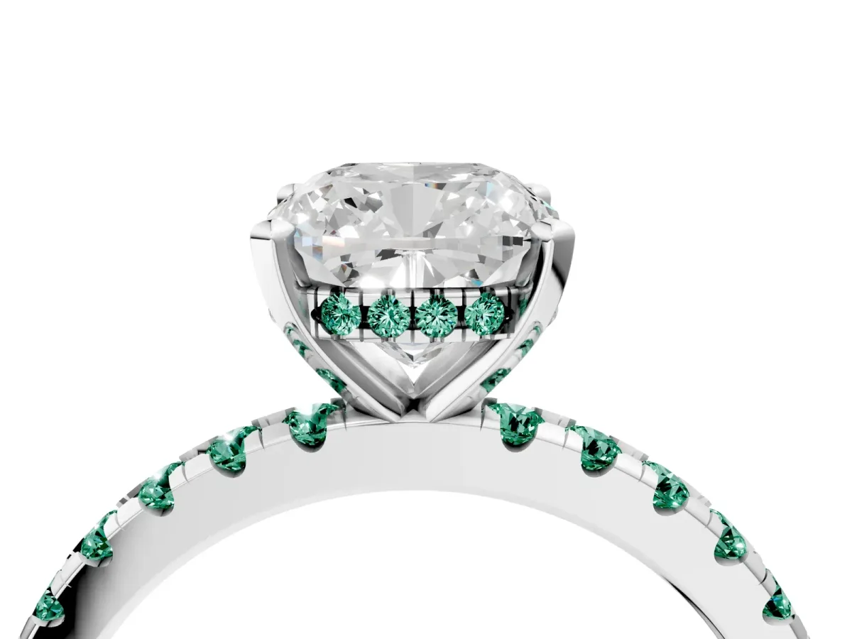 Cushion Cut Diamond Solitaire Ring with Round Green Sapphire Pavé Band and Four-Prong Setting Platinum