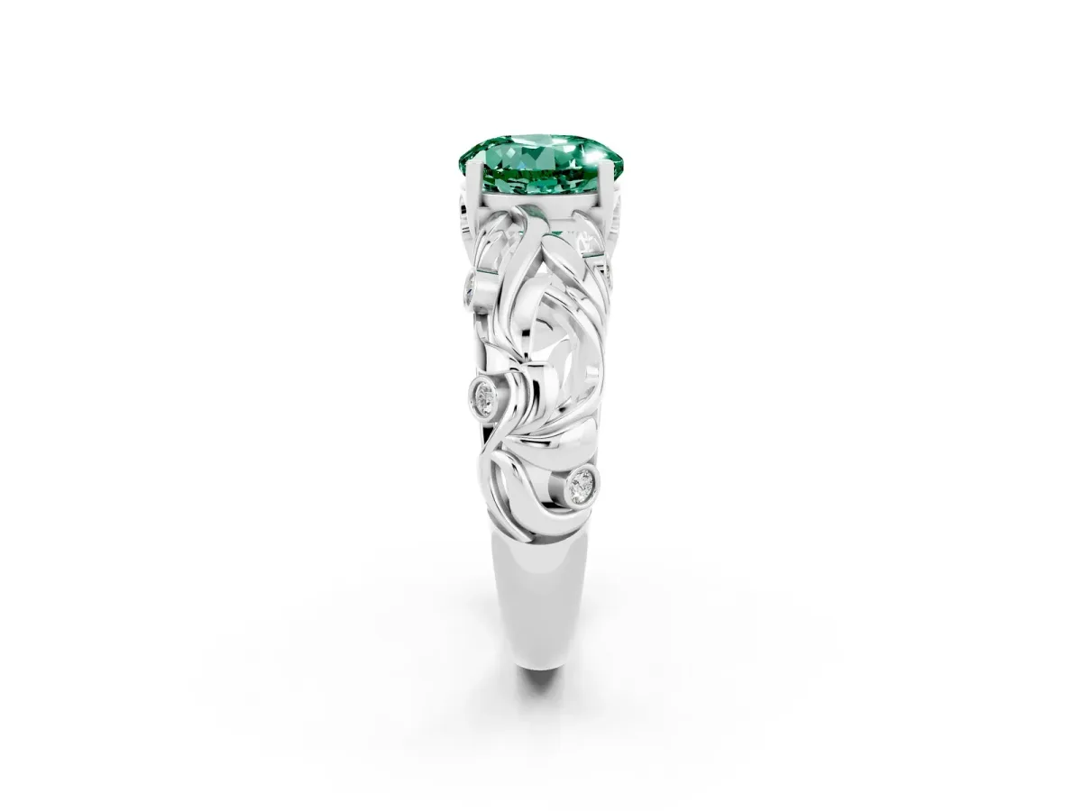 Round Cut Solitaire Green Sapphire Leaf-Inspired Vine Band Ring with Prong Setting Silver