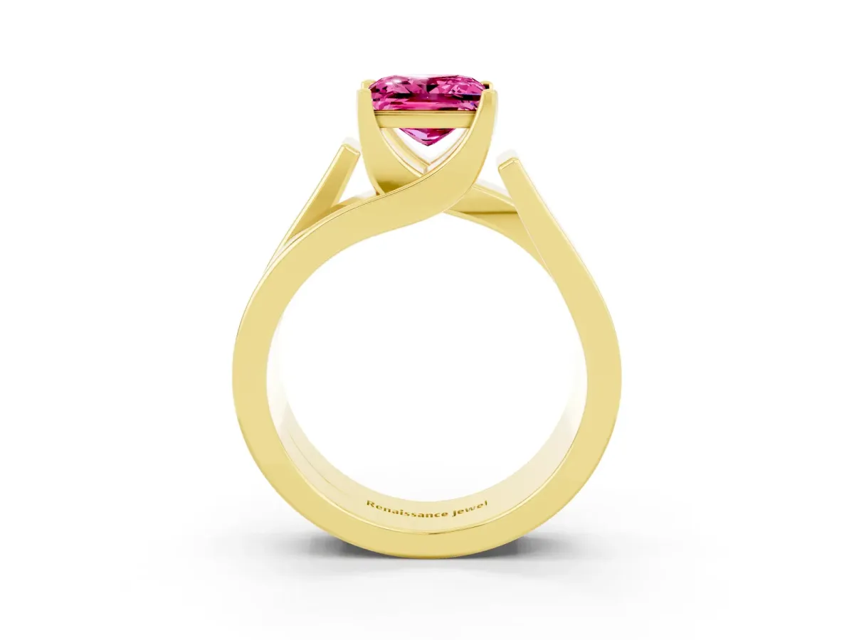 Modern Tension Set Princess Cut Pink Sapphire Solitaire Wide Band Ring Yellow gold