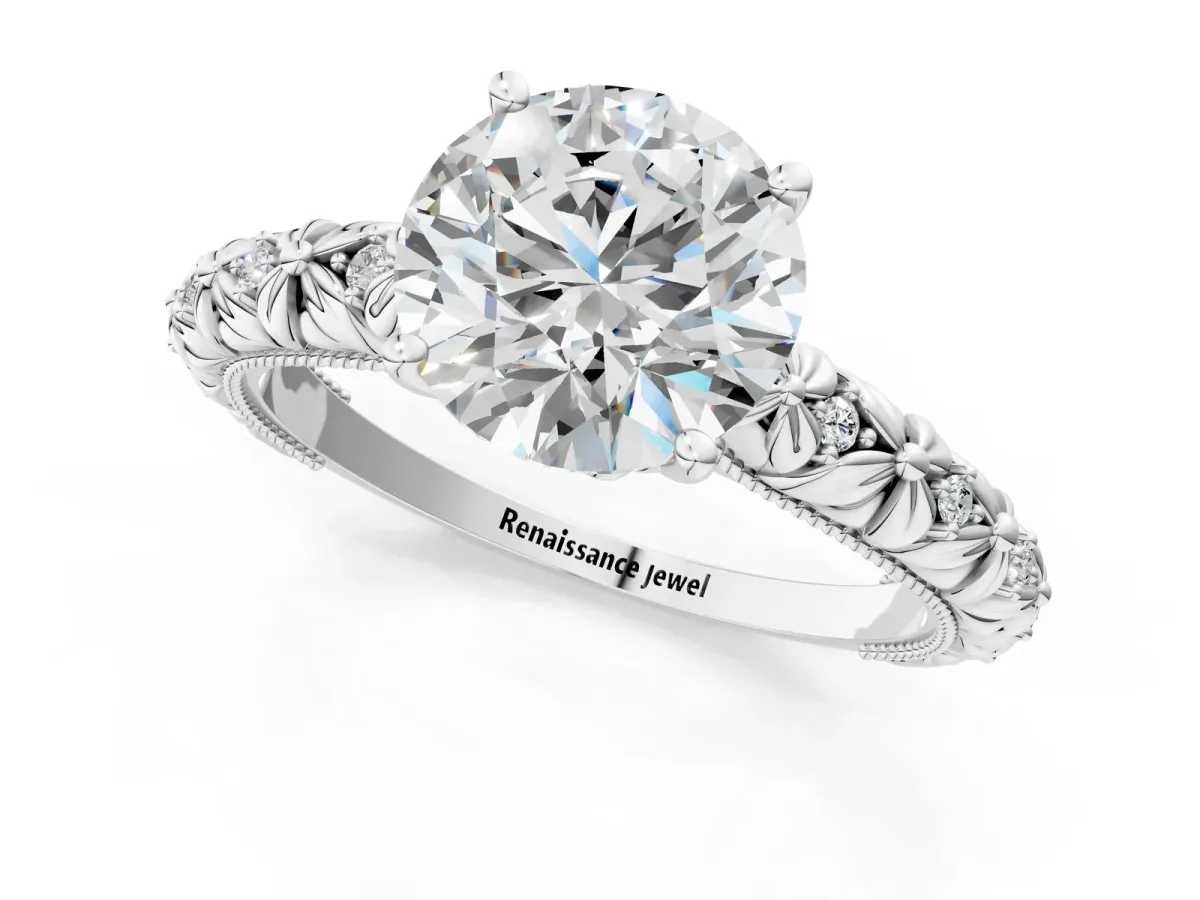 Round Cut Solitaire Floral Milgrain Engagement Ring Silver