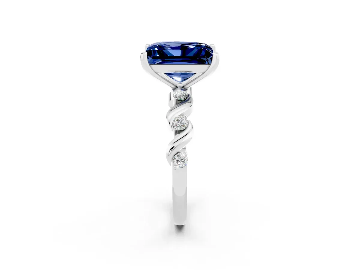 Princess Cut Blue Sapphire Solitaire Twisted Band with Round Accents and Prong Setting White gold