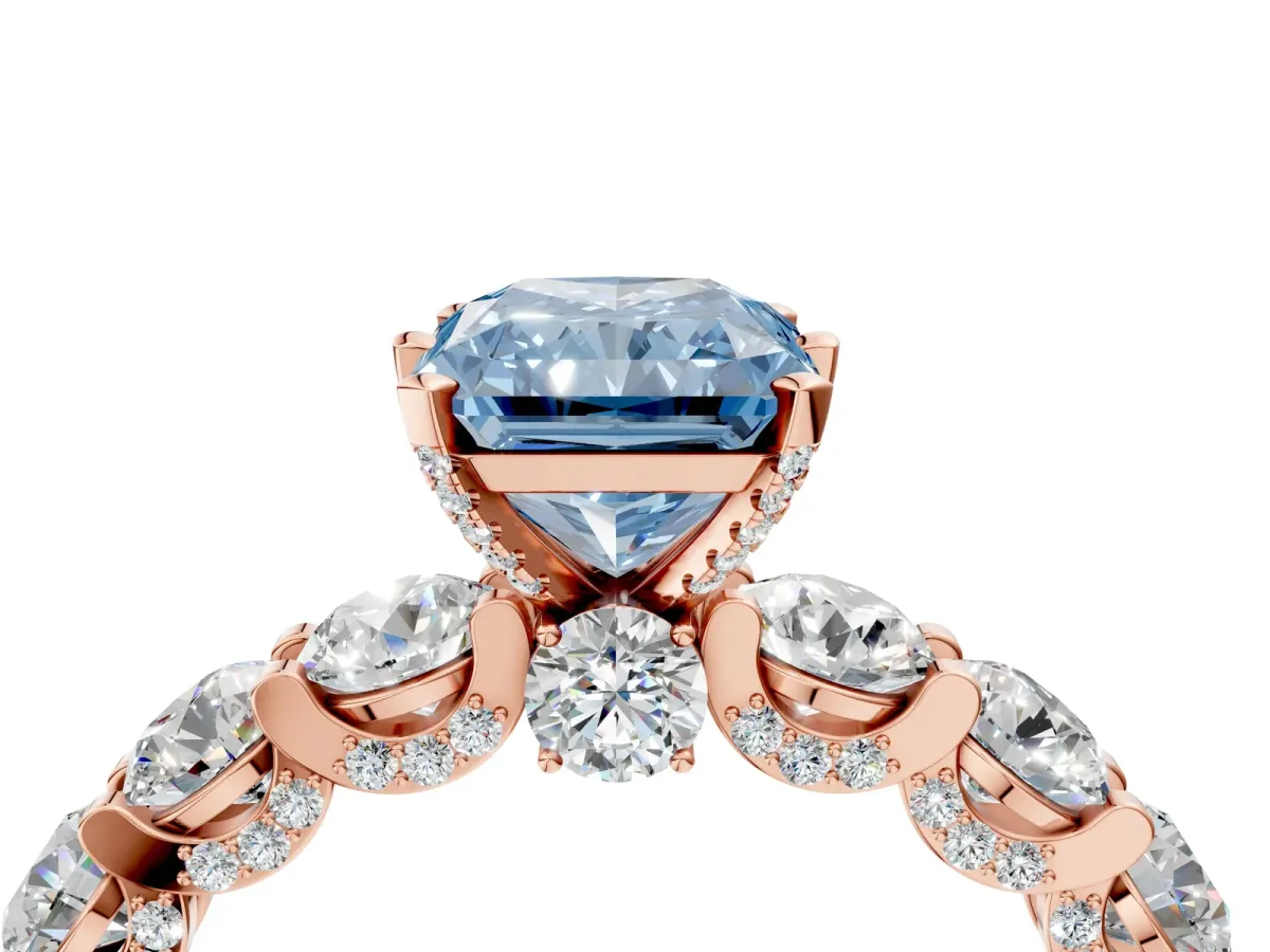 Fancy Blue Radiant Cut Diamond Side Stone Engagement Ring with Four-Prong Setting Rose gold