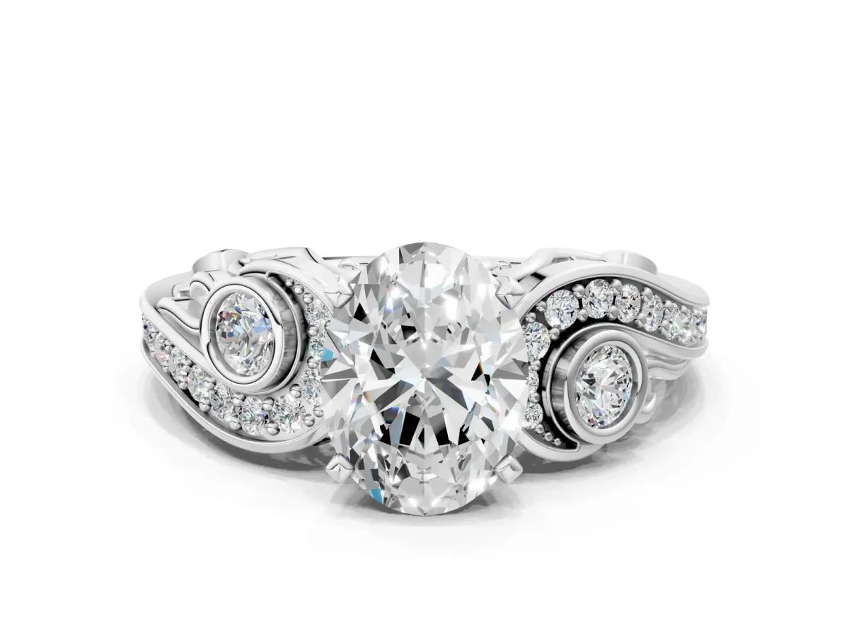Oval Cut Diamond Solitaire Ring with Milgrain Pavé Band and Four-Prong Setting Platinum