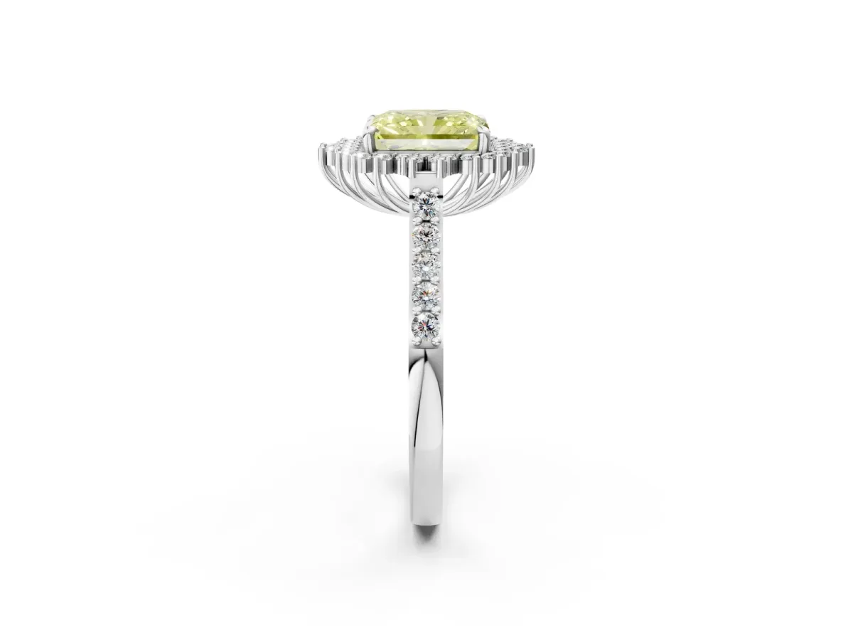 Fancy Yellow Radiant Cut Cut Diamond Sunburst Halo Engagement Ring with Pavé Band Platinum